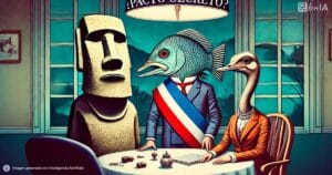 Ilustración artística surrealista donde aparece una merluza presidencial junto a una avestruz y un moai en una reunión secreta