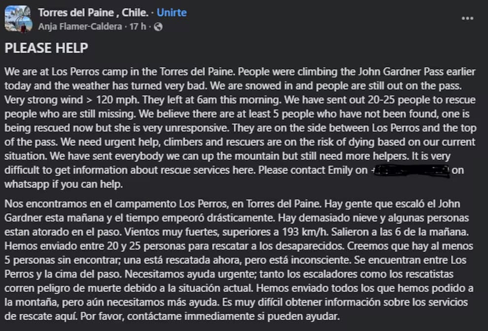 Mensaje de Socorro publicado en Redes Sociales